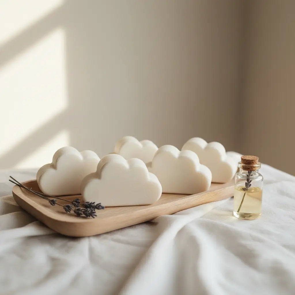 Cloud-shaped white baby soap arranged on a light wooden tray with dried lavender sprigs, next to a small glass bottle with oil, set on white fabric under soft natural light.