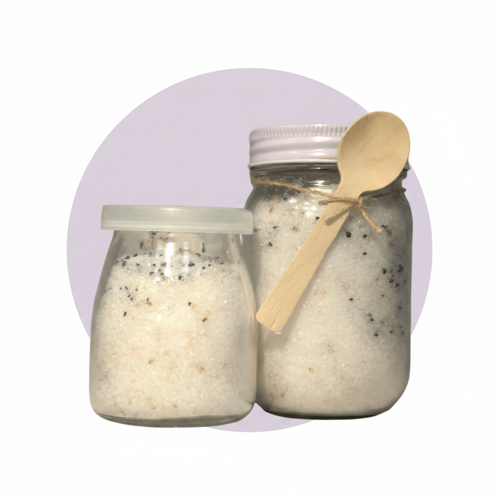 Two clear glass jars filled with white salt-like crystals, one small jar with a translucent lid and one larger jar with a white lid and tied wooden spoon, set against a light lavender circular backdrop on a white background.