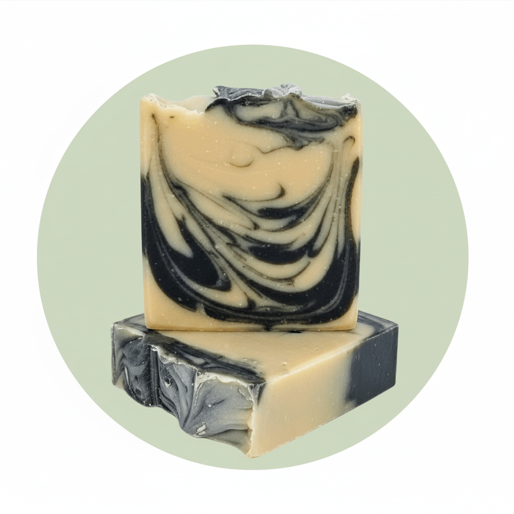 Two handmade soap bars stacked on top of each other, featuring a marbled swirl pattern of cream, black, and gray. The top bar is standing upright, showing the detailed swirled texture, while the bottom bar is resting horizontally.