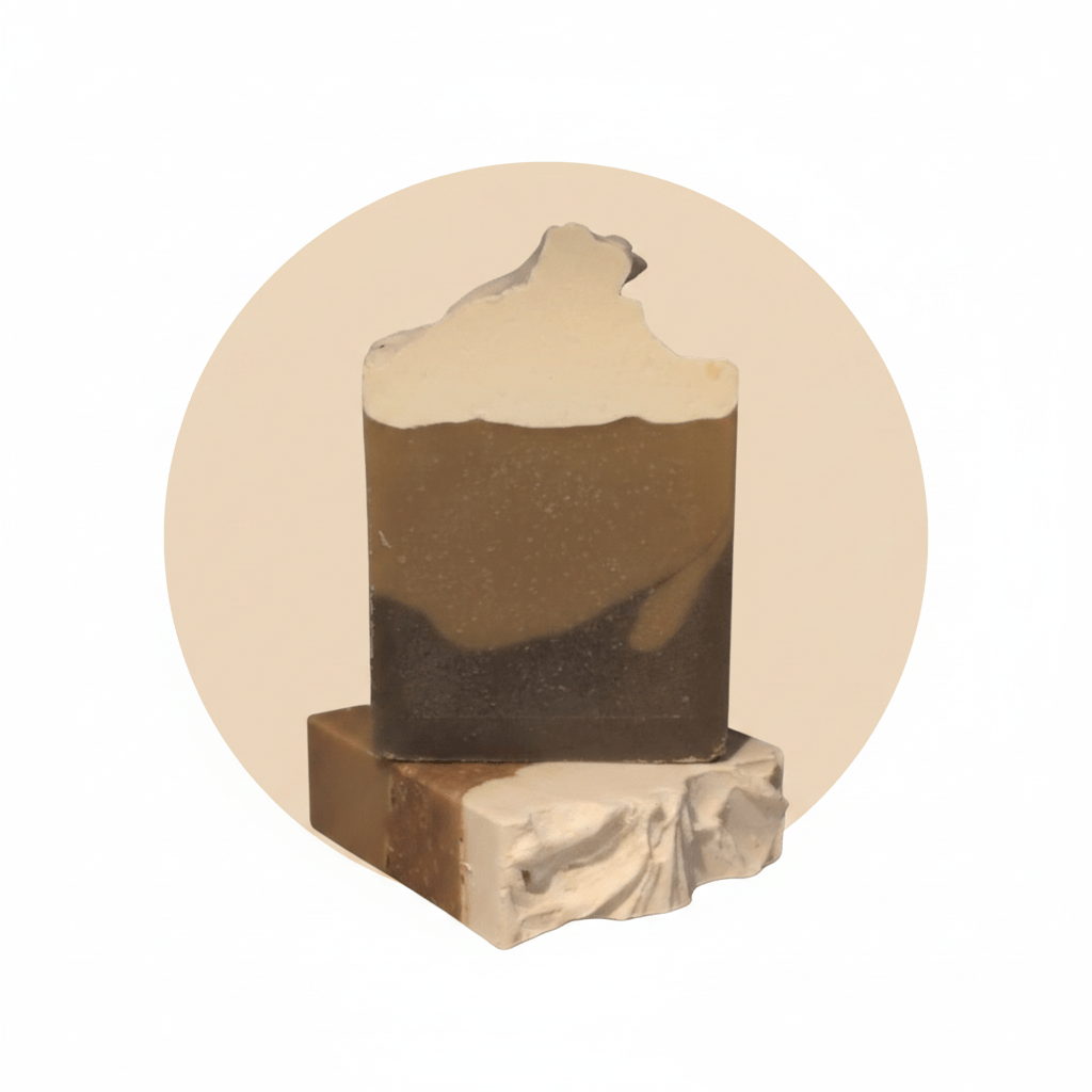 A handmade soap bar with a swirled brown and cream pattern, displayed on top of a smaller matching soap piece against a beige circular background on a white backdrop.