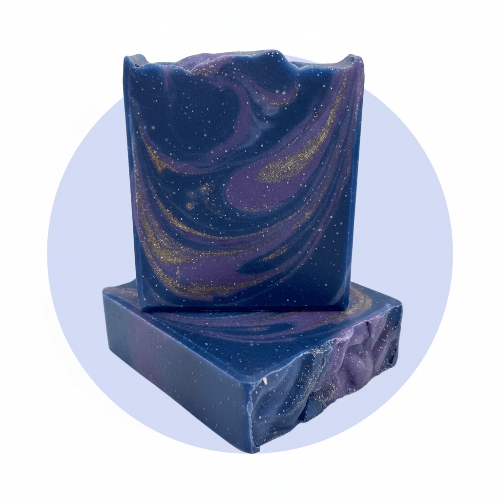 Two rectangular handmade soap bars stacked on top of each other, featuring a deep blue and purple marbled swirl pattern with embedded gold glitter, set against a light blue circular graphic on a white background.