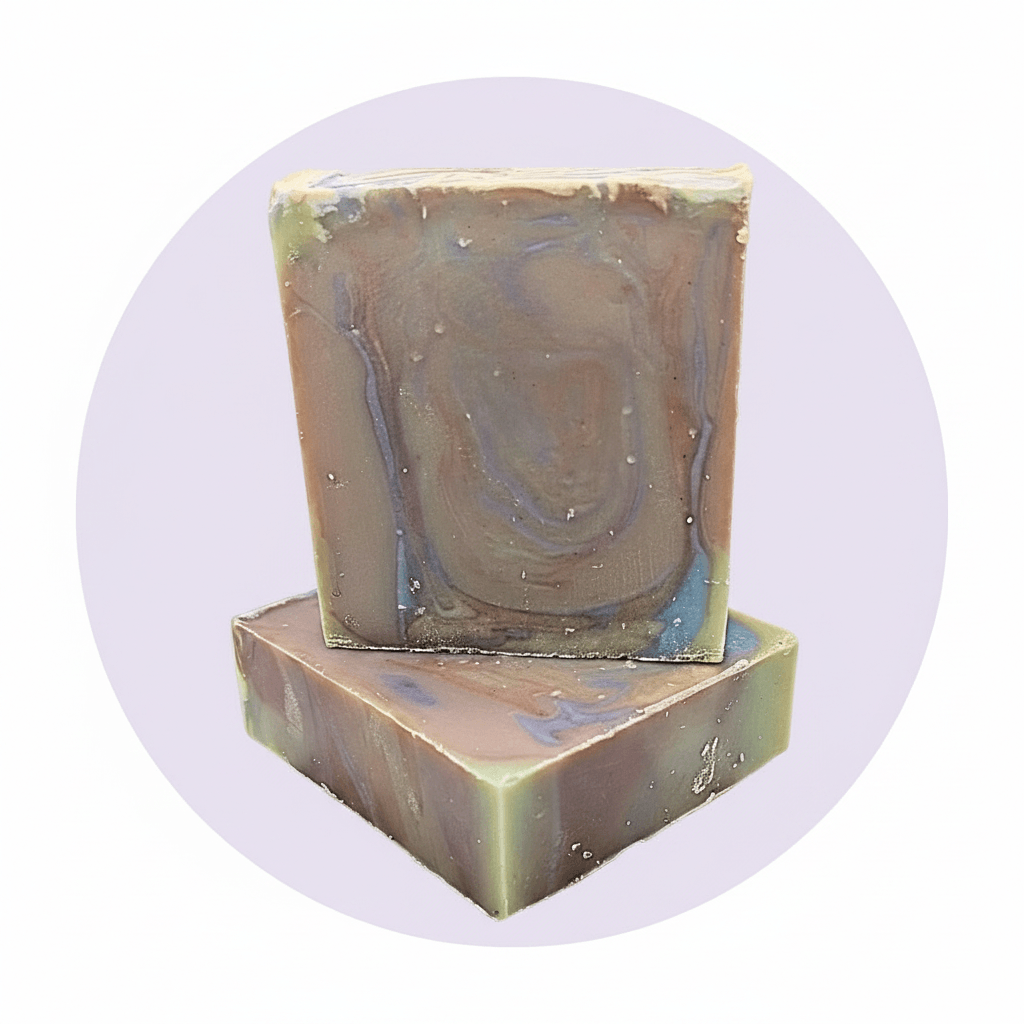 Two rectangular handmade soap bars stacked on top of each other, featuring a marbled swirl pattern of brown, muted green, and blue-gray, set against a light lavender circular background on a white canvas.