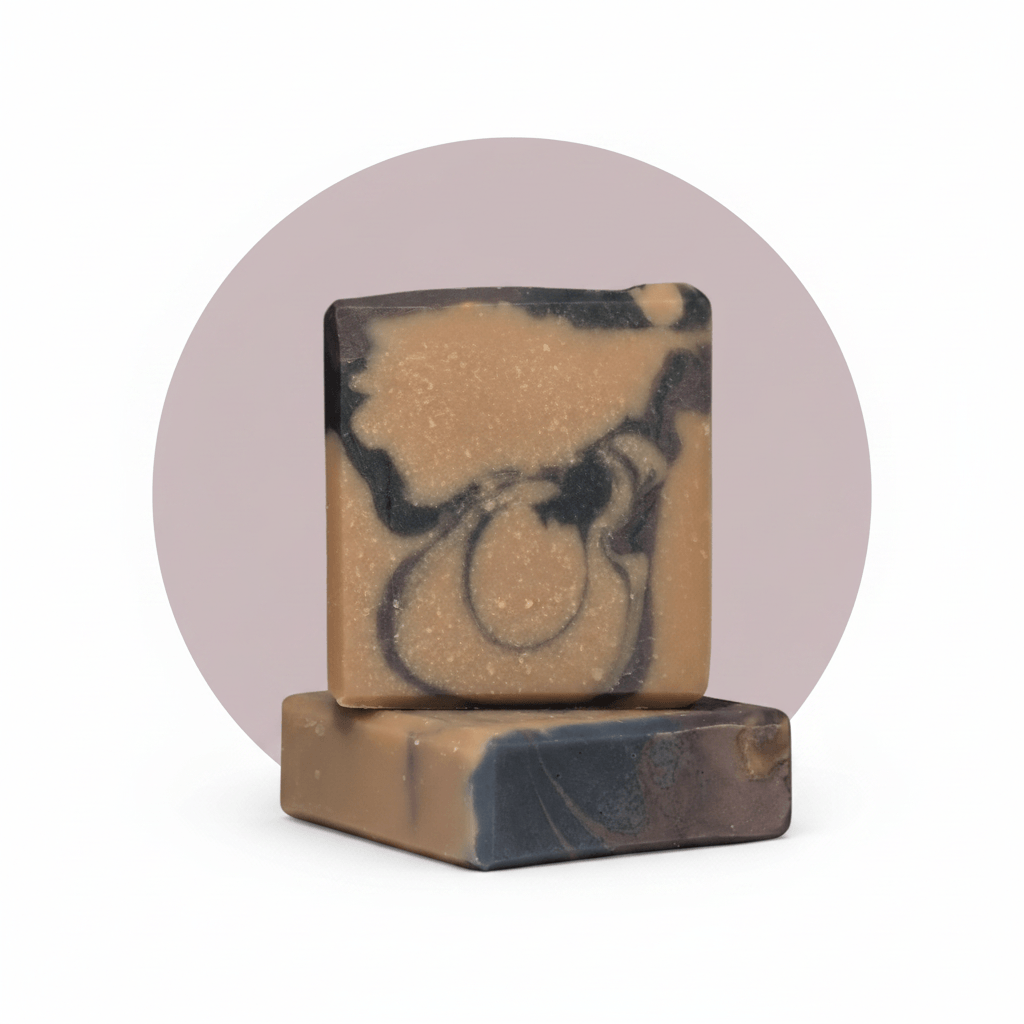 Two stacked rectangular handmade soap bars with a marbled swirl pattern of tan, brown, and dark charcoal, set against a white background with a muted mauve circular graphic behind them.