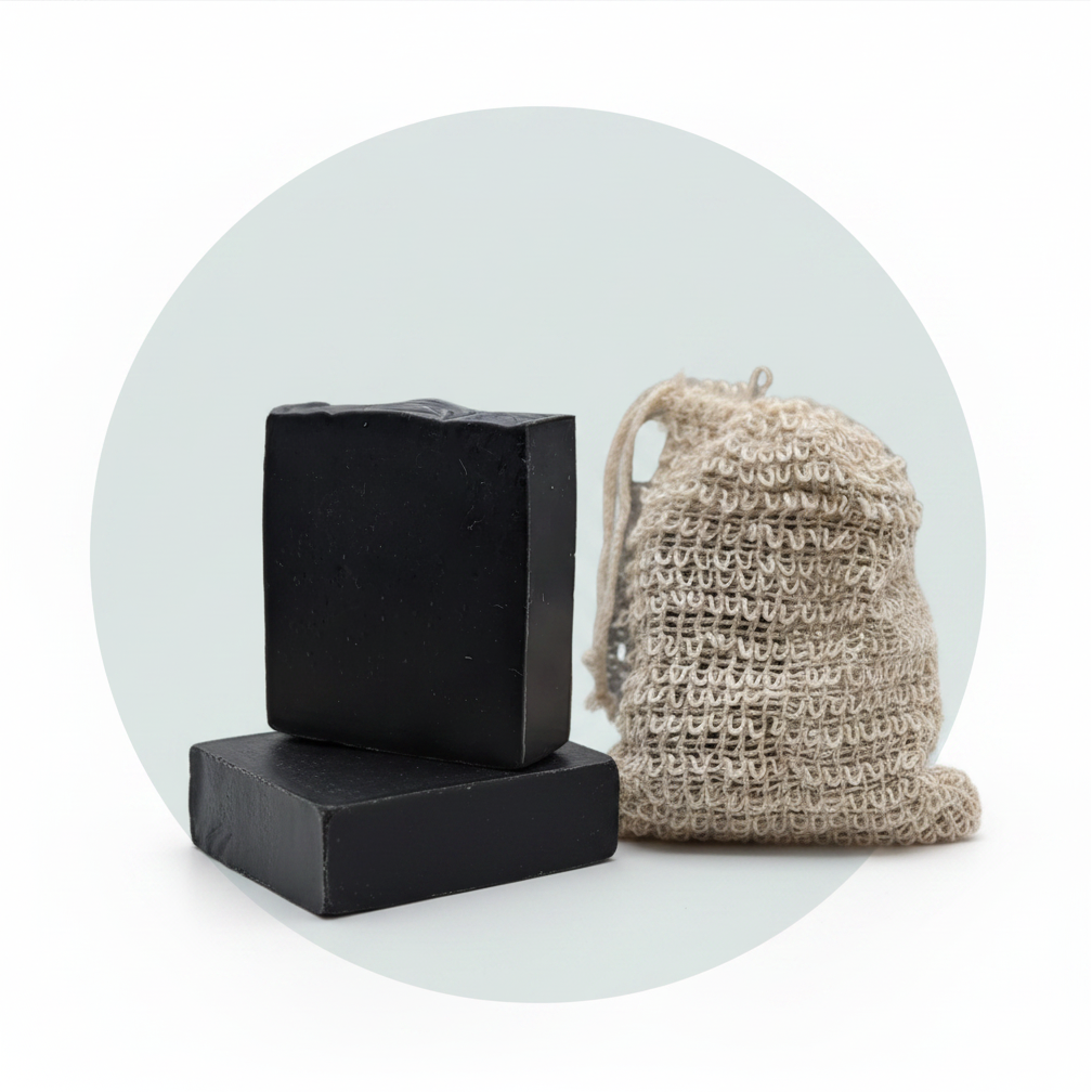 Two black rectangular bars of soap stacked on top of each other next to a beige jute drawstring pouch, set against a white background with a light blue-green circular graphic overlay.