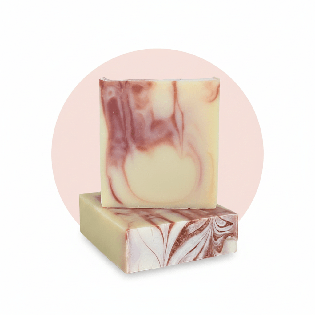 Two rectangular handmade soap bars stacked on a white background with a pale pink circular backdrop. The soap has a creamy off-white base with marbled dusty rose and mauve swirls.