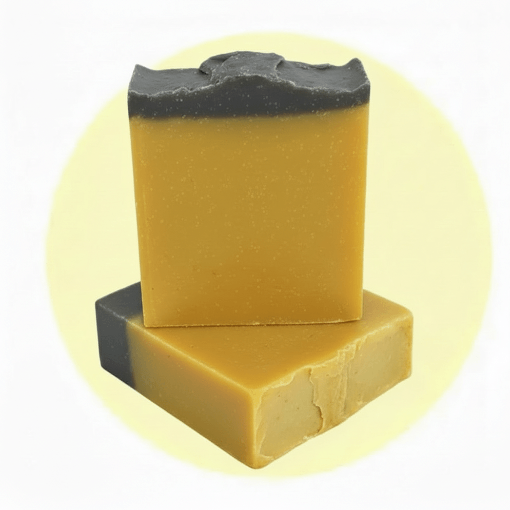 Two rectangular bars of handmade soap stacked on a pale yellow circular background. The top bar is upright, showing a dark charcoal gray top layer and a warm golden-yellow body.